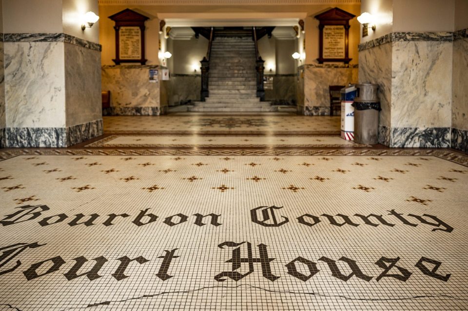 tile mosaic reading "Bourbon County Court House"